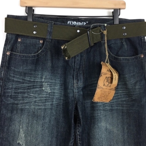 FLYPAPER Jeans Bootcut Distressed Dark Size 34 x 30 Short Inseam NWT Canvas Belt - Picture 2 of 9